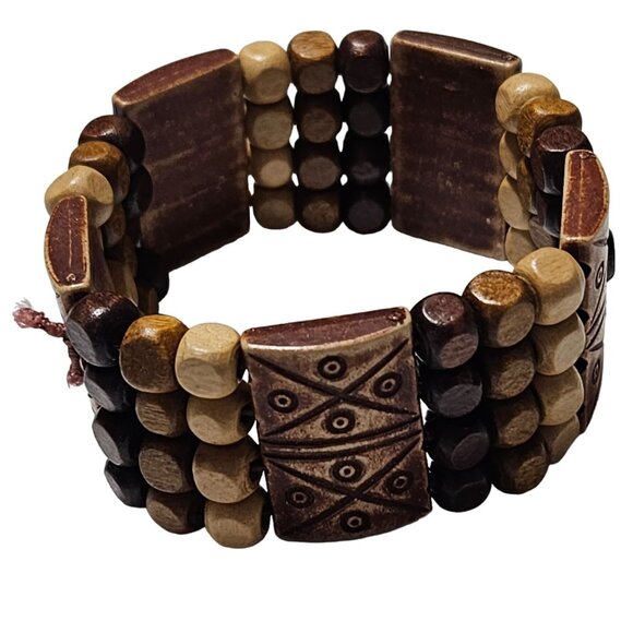Handmade Tribal Pattern Wooden Beaded Stretch Bracelet Boho Fashion Jewelry - Picture 1 of 3